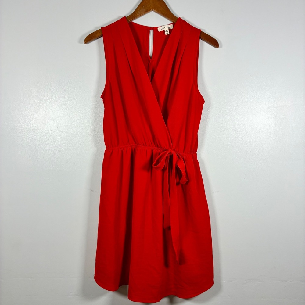 Monteau Dress M Red Faux Wrap Surplice Pleated Valentine's Day Cocktail Office